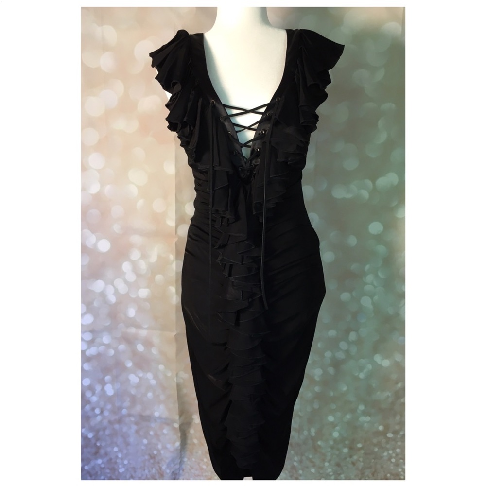 JUST CAVALLI Black V neck w/Laces + Ruffled Front